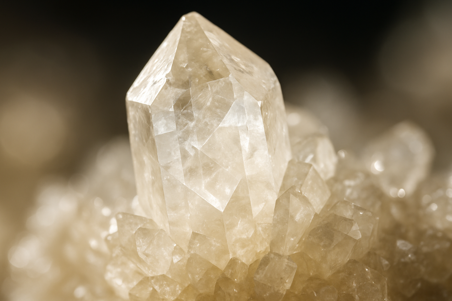 Erstelle mir ein Bild, welches ein helleres Mineral sehr fokussiert aus naher Nähe zeigt.